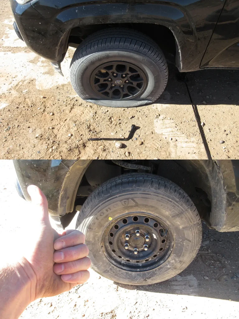 Additional photograph made by Brian Kaufman while working on "Annularity" nature-in-motion piece shows him changing a flat tire on hole-in-the-rock road.
