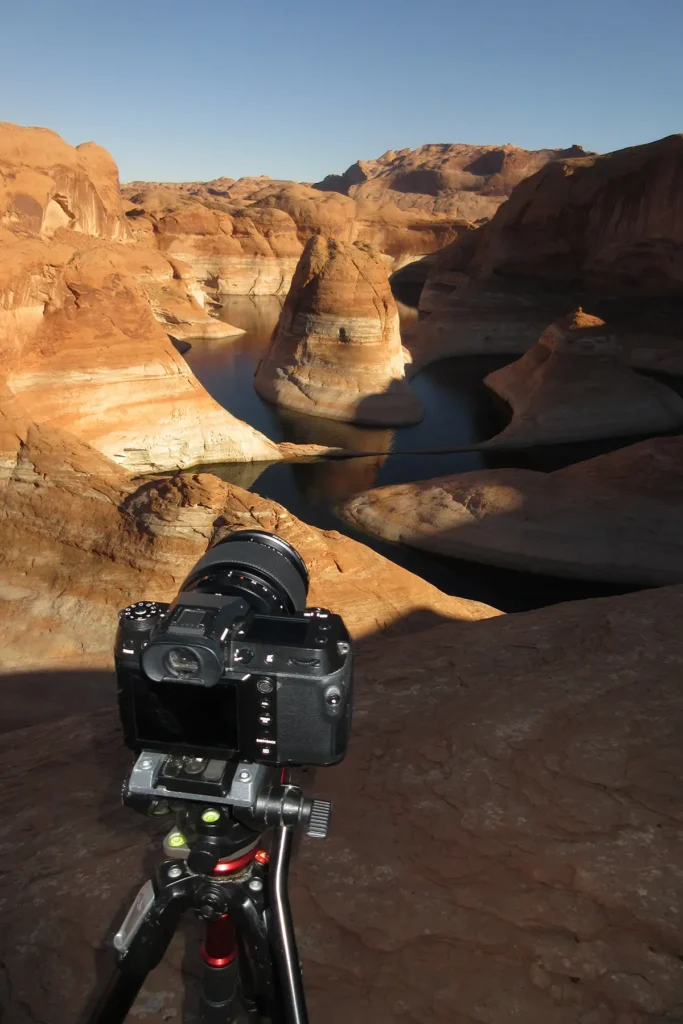 Additional photograph made by Brian Kaufman while working on "Annularity" nature-in-motion piece shows his shooting position over Reflection Canyon on Lake Powell.