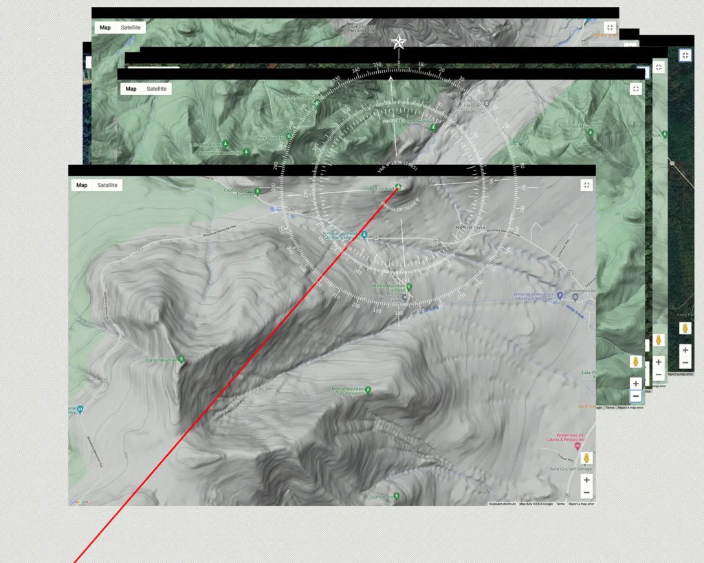 Additional photograph made by Brian Kaufman while working on "Totality" nature-in-motion piece shows Google Maps imagery of Cobble Lookout in the Adirondacks