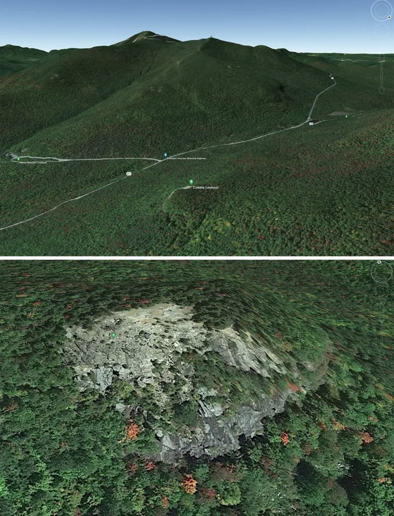 Additional photograph made by Brian Kaufman while working on "Totality" nature-in-motion piece shows Google Maps imagery of Cobble Lookout in the Adirondacks